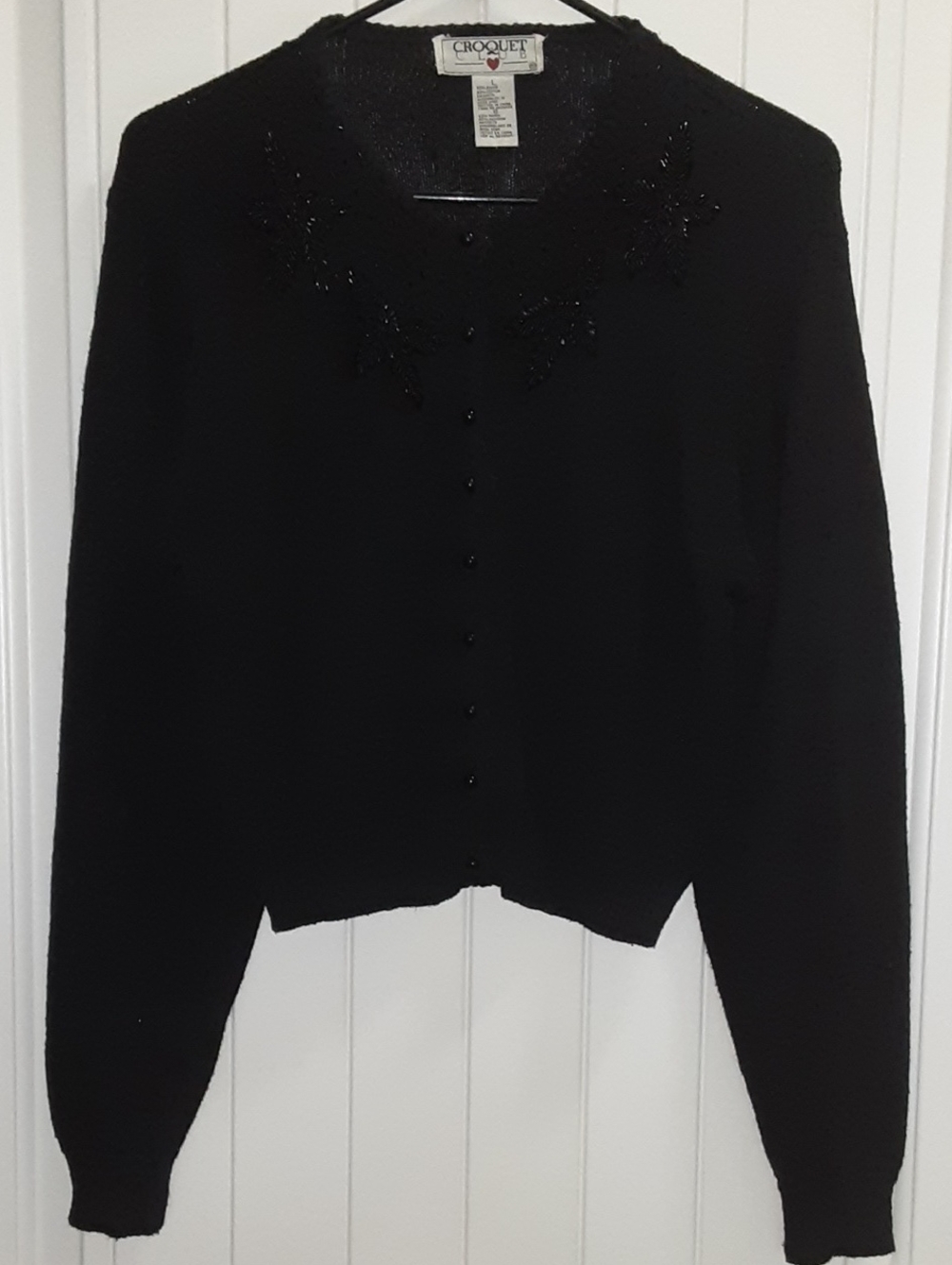 Vintage 90s Croquet Club Black Beaded Cropped Cardigan Sweater Women's - L - EVC